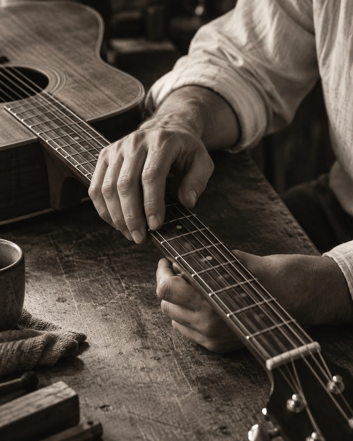 A close editorial study of a person's hands resting on an acoustic guitar at a wooden worktable